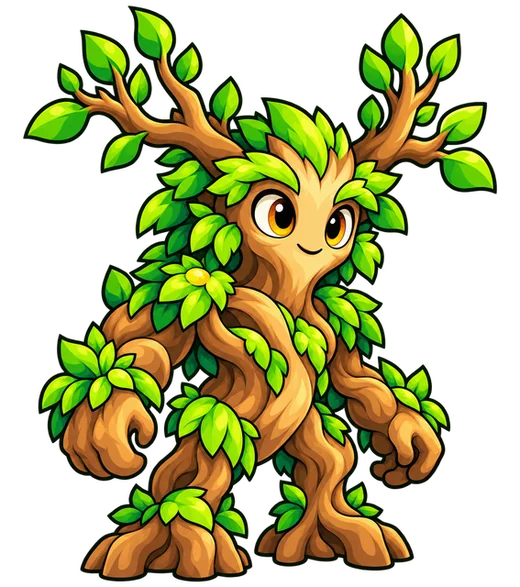 The Forest guardian, a friendly tree spirit with leafy antlers and big amber eyes.