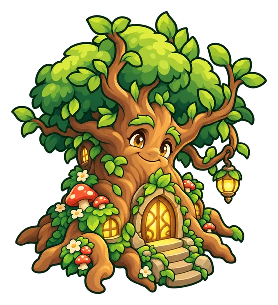 The Forest sanctuary: a living tree house with a glowing round door, lantern and mushrooms.